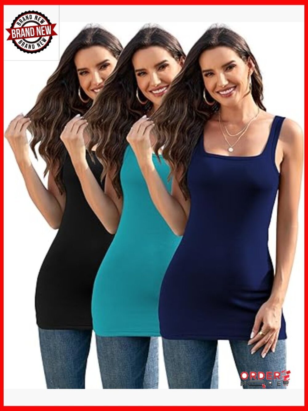 3pk Cotton Ribbed Square Neck Long Tank Tops Women Layering Camis